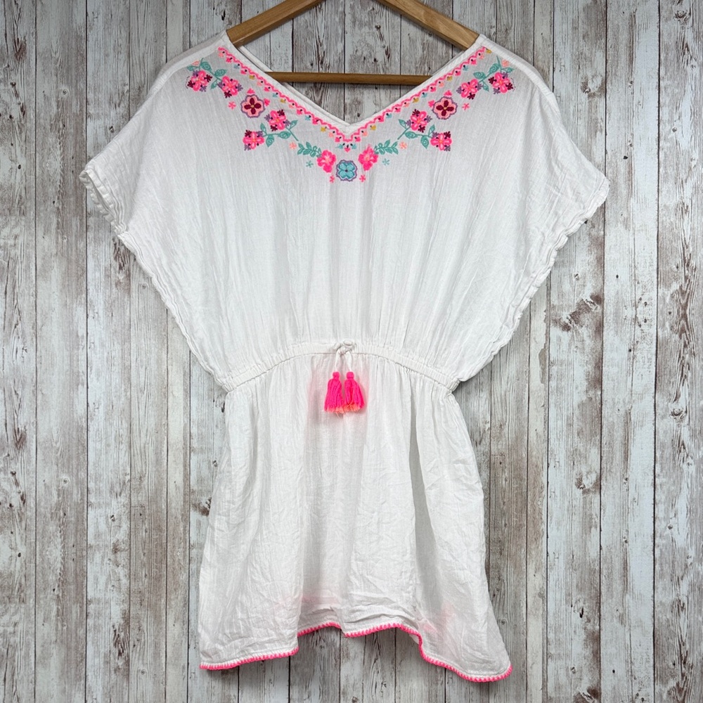 Angels Accessorize Girls Kaftan sz 11-12  Cotton White Embroidered Floral Print